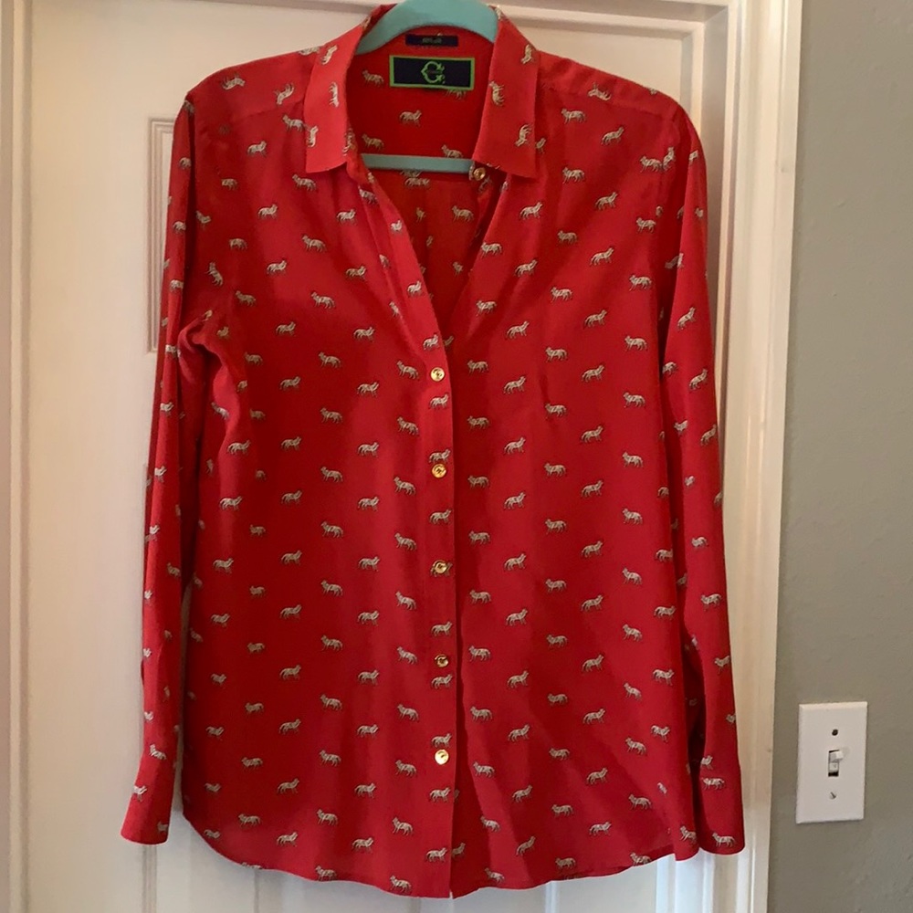 Red 100% silk blouse with fox details